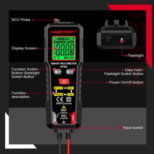 Multimètre entièrement automatique anti-brûlure intelligent à détection de séquence de phase HABOTEST HT93 (noir) SH301A364-014