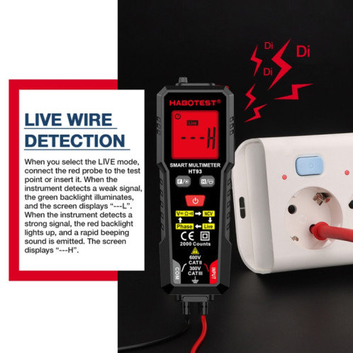 Multimètre entièrement automatique anti-brûlure intelligent à détection de séquence de phase HABOTEST HT93 (noir) SH301A364-014