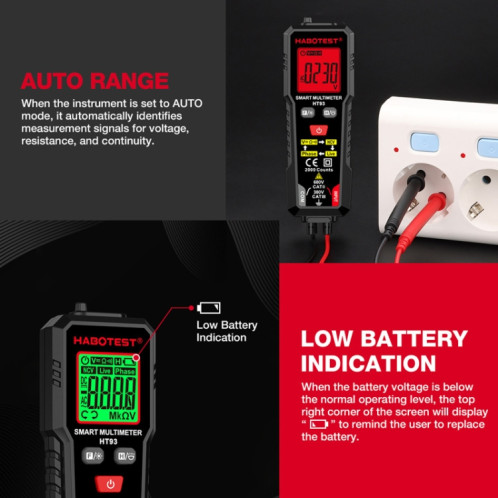Multimètre entièrement automatique anti-brûlure intelligent à détection de séquence de phase HABOTEST HT93 (noir) SH301A364-014