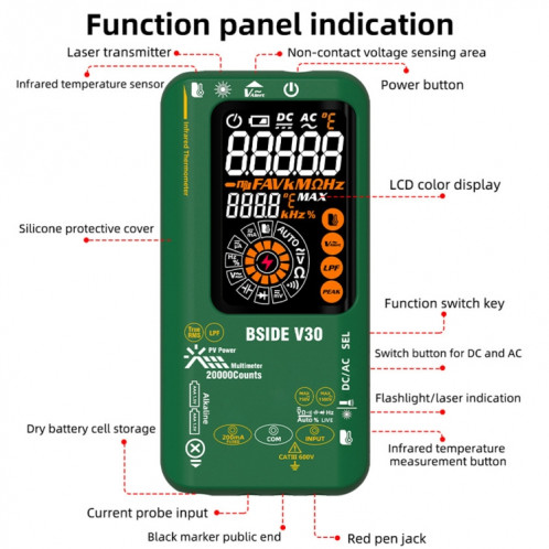 Thermomètre infrarouge multimètre PV intelligent à écran couleur BSIDE V30 SB0201741-017