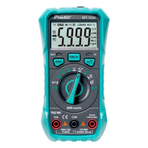 Multimètre numérique True-RMS ProsKit MT-1236-C 3-5/6 pour ACA, ACV, DCA, DCV, fréquence, cycle de service, test de diode (vert) SP501A62-010