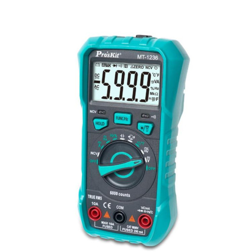 Multimètre numérique True-RMS ProsKit MT-1236-C 3-5/6 pour ACA, ACV, DCA, DCV, fréquence, cycle de service, test de diode (vert) SP501A62-010
