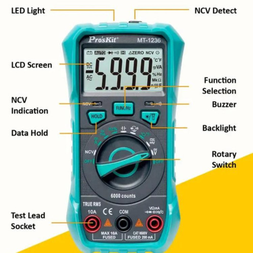 Multimètre numérique True-RMS ProsKit MT-1236-C 3-5/6 pour ACA, ACV, DCA, DCV, fréquence, cycle de service, test de diode (vert) SP501A62-010
