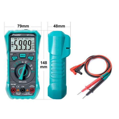 Multimètre numérique True-RMS ProsKit MT-1236-C 3-5/6 pour ACA, ACV, DCA, DCV, fréquence, cycle de service, test de diode (vert) SP501A62-010
