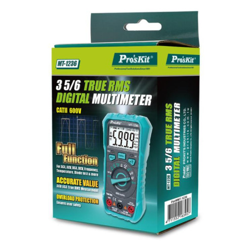 Multimètre numérique True-RMS ProsKit MT-1236-C 3-5/6 pour ACA, ACV, DCA, DCV, fréquence, cycle de service, test de diode (vert) SP501A62-010