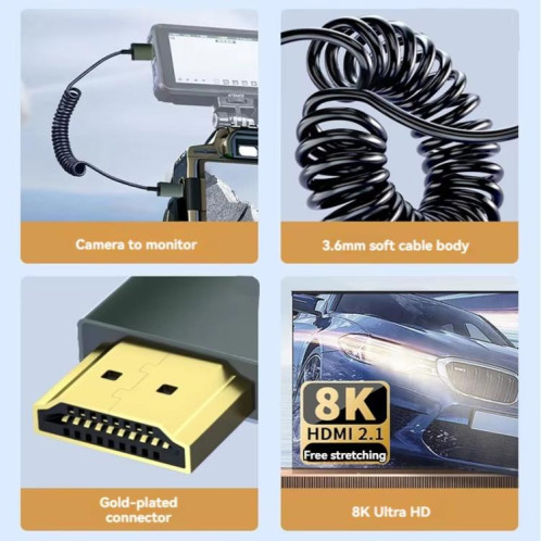 Câble à ressort HDMI 2.1 8K 60 Hz, longueur 0,5 m, spécifications : micro HDMI, coude droit SH2008219-07