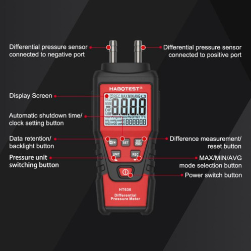 Manomètre différentiel de haute précision HABOTEST HT636, testeur de micropression numérique SH8406876-013