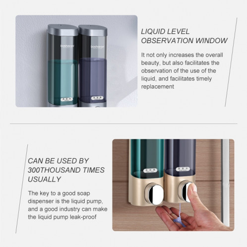 Bosharon Shampooing Gel douche Boîte de désinfectant pour les mains domestique Distributeur de savon à double tête mural sans poinçon, style: grille simple (gris argent) SH601B56-09