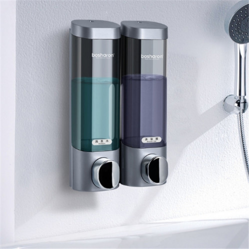 Bosharon Shampooing Gel douche Boîte de désinfectant pour les mains domestique Distributeur de savon à double tête mural sans poinçon, style: double grille (gris argent) SH602B1528-09