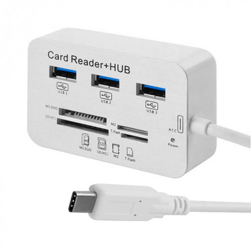 HUB USB 3.1 Type-C COMBO 3 ports + lecteur de carte MS DUO / SD (HC) / M2 / T-Flash avec indication LED (argent) SH662S1003-06