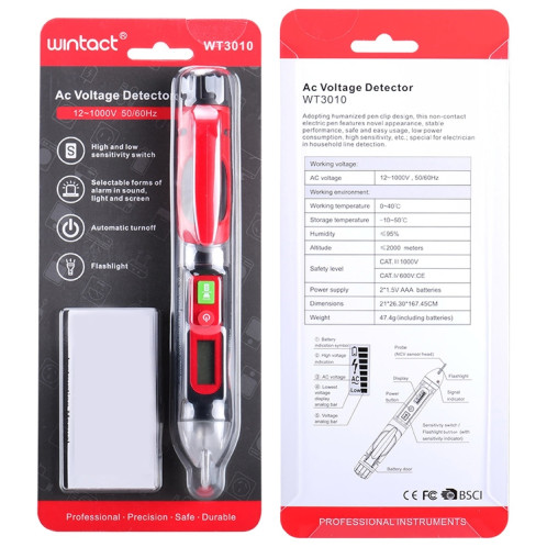 Testeur de tension AC WinTact WinTact WT3010 Détecteur de détecteur de non-contact PEN 12-1000V AC Tension de tension SW16111990-08