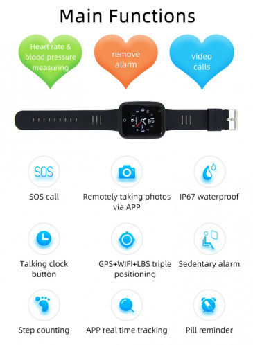 Bracelet de montre intelligent GPS REACHFAR RF-V46-B, prise en charge SOS / caméra / gestion de la santé / 4G LTE / pression artérielle / fréquence cardiaque (noir) SR018B1661-016