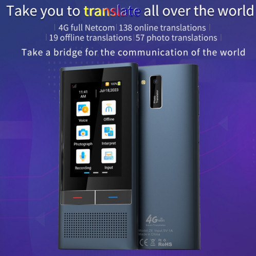 Boeleo BF301 (W1 3.0) Traducteur vocal intelligent à écran de 2,8 pouces pour les voyages d'affaires 1 Go + 8 Go Prise en charge de 117 langues Inter-traduction (noir) SH106B1856-016