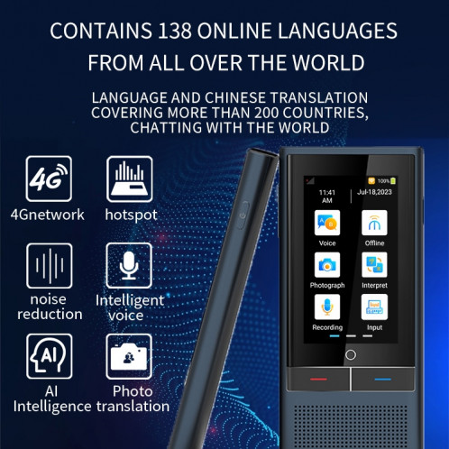 Boeleo BF301 (W1 3.0) Traducteur vocal intelligent à écran de 2,8 pouces pour les voyages d'affaires 1 Go + 8 Go Prise en charge de 117 langues Inter-traduction (noir) SH106B1856-016