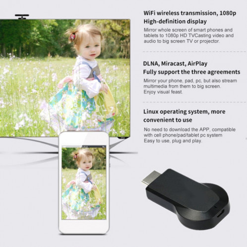 AnyCast M4 Plus Récepteur de Dongle d'affichage WiFi sans fil Airplay Miracast DLNA 1080P HDMI TV Stick pour iPhone, Samsung et autres Smartphones Android SH002799-016