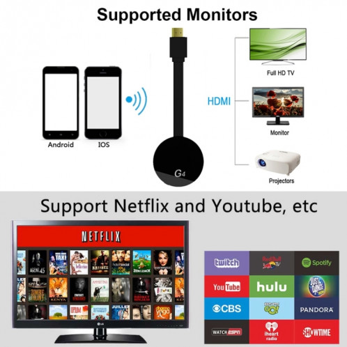 Récepteur de dongle d'affichage WiFi sans fil G4 Airplay Miracast DLNA TV Stick pour iPhone, Samsung et autres smartphones Android, Dual Core Cortex A7 jusqu'à 1,5 GHz (noir) SH100B1406-016