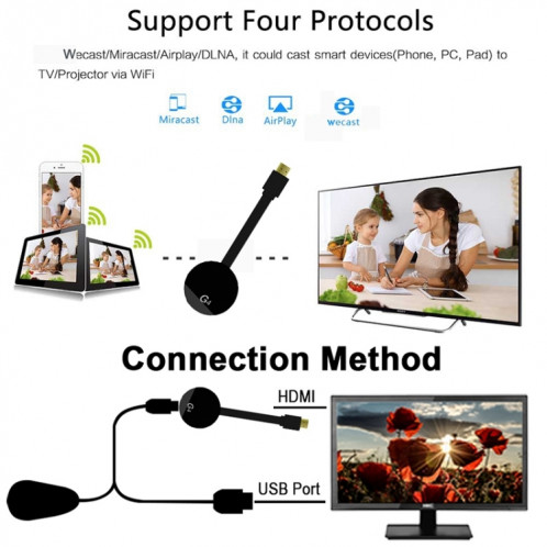 Récepteur de dongle d'affichage WiFi sans fil G4 Airplay Miracast DLNA TV Stick pour iPhone, Samsung et autres smartphones Android, Dual Core Cortex A7 jusqu'à 1,5 GHz (noir) SH100B1406-016