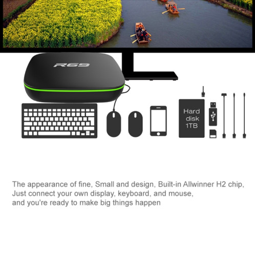 R69 1080P HD Smart TV BOX Android 4.4 Lecteur multimédia avec télécommande, Quad Core Allwinner H3, RAM: 2 Go, ROM: 16 Go, WiFi 2.4G, LAN, Prise US SH42US781-012