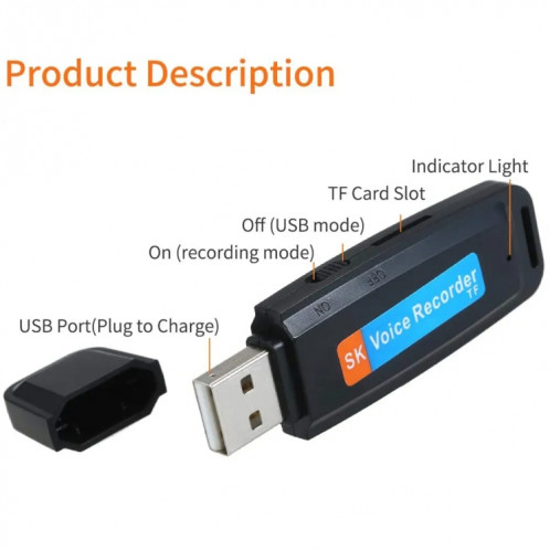 Enregistreur vocal USB portable rechargeable U-Disk SK001, sans mémoire (blanc) SH109W867-09
