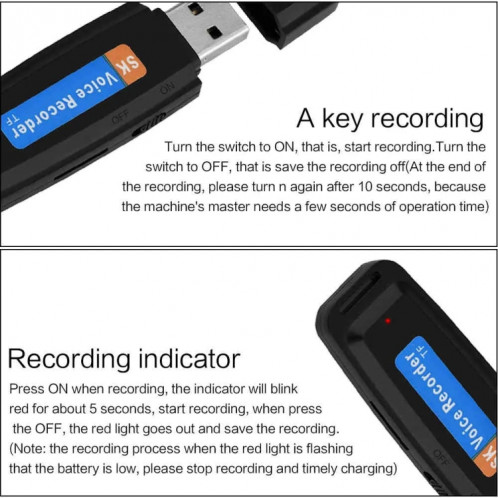 Enregistreur vocal USB portable rechargeable U-Disk SK001, sans mémoire (noir) SH109B1842-09