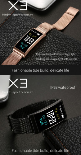 X3 0,96 pouces Bracelet de montre en acier Bluetooth avec bracelet de montre en acier, IP68 étanche, podomètre d'assistance / moniteur de fréquence cardiaque / moniteur de veille / moniteur de tension artérielle, SH205L1788-016