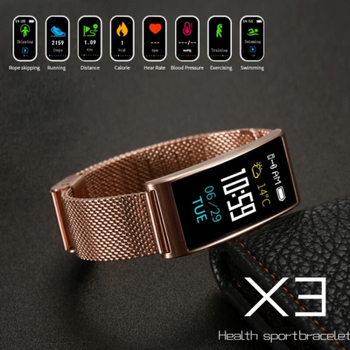 X3 0,96 pouces Bracelet de montre en acier Bluetooth avec bracelet de montre en acier, IP68 étanche, podomètre d'assistance / moniteur de fréquence cardiaque / moniteur de veille / moniteur de tension artérielle, SH205L1788-016
