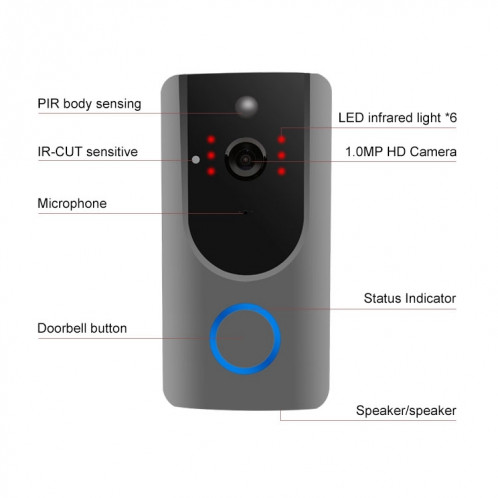 Caméra de sécurité VESAFE Home VS-M3 HD 720P Intercom de sonnette vidéo Smart WiFi, carte de soutien TF et vision nocturne et application de détection PIR pour IOS et Android (gris) SH030H1844-014