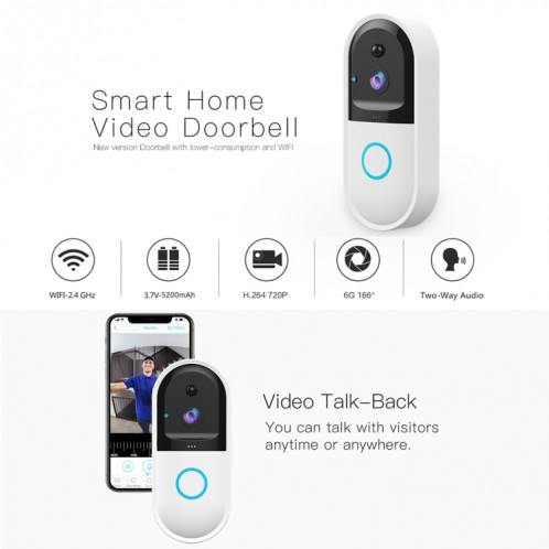 Sonnette visuelle vidéo WiFi intelligente B50 720P, prise en charge de la surveillance à distance du téléphone et de la vision nocturne et de la carte SD (blanc) SH040W117-09