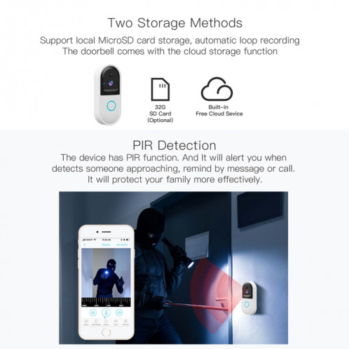 Sonnette visuelle vidéo WiFi intelligente B50 720P, prise en charge de la surveillance à distance du téléphone et de la vision nocturne et de la carte SD (blanc) SH040W117-09