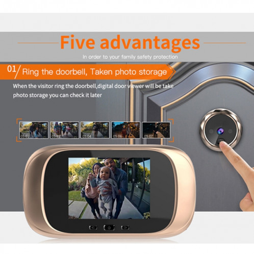 Sonnette de caméra électronique intelligente DD1 avec écran LCD de 2,8 pouces, prise en charge de la vision nocturne infrarouge (or) SH043J245-011