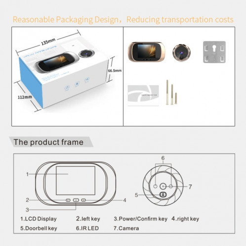 Sonnette de caméra électronique intelligente DD1 avec écran LCD de 2,8 pouces, prise en charge de la vision nocturne infrarouge (or) SH043J245-011