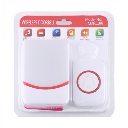 CMF1188 Sonnette sans fil télécommandée pour la musique à domicile avec 38 sonneries et lumières clignotantes colorées + sonneries / sonneries / lumières clignotantes colorées 3 modes (blanc) SH595W1518-013