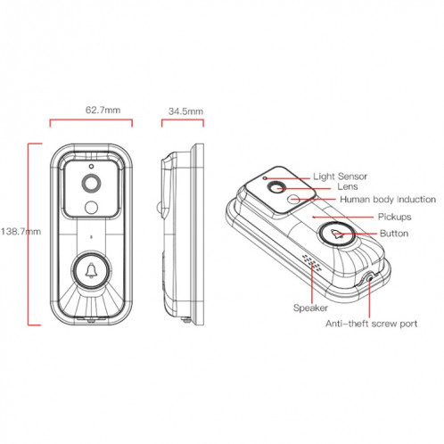 Anytek B60 720P sonnette visuelle vidéo intelligente WiFi, prise en charge de la détection à distance et PIR de l'application et de la carte TF (blanc) SA693W962-09