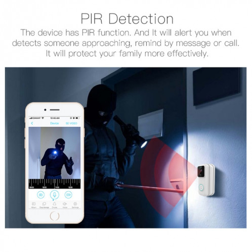 Anytek B60 720P sonnette visuelle vidéo intelligente WiFi, prise en charge de la détection à distance et PIR de l'application et de la carte TF (blanc) SA693W962-09