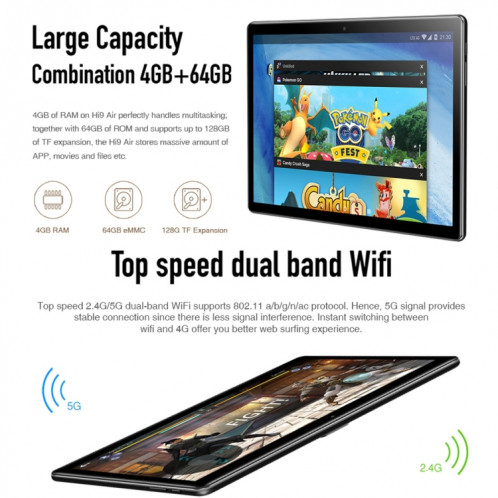 CHUWI Hi9 Tablet PC, 10,1 pouces, 4 Go + 64 Go, Android 7.1, MTK6797 (Helio X20) Deca Core jusqu'à 2,1 GHz, Soutien OTG, FM, Bluetooth, WiFi bi-bande, Réseau: 4G (Noir) SC241B607-015