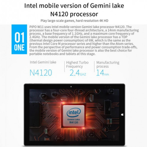 Tablette PC PiPO W11 2 en 1, 11,6 pouces, 8 Go + 128 Go, Système Windows 10, Intel Gemini Lake N4100 Quad Core jusqu'à 2,4 GHz, avec clavier et stylet, prise en charge WiFi double bande et Bluetooth et carte Micro SD SP0393413-015