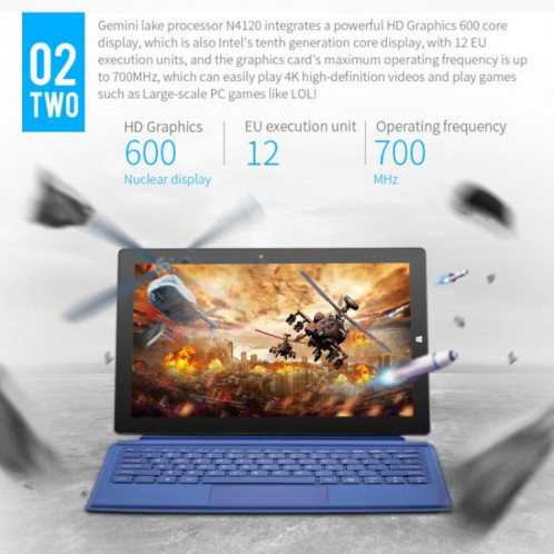 Tablette PC PiPO W11 2 en 1, 11,6 pouces, 8 Go + 128 Go, Système Windows 10, Intel Gemini Lake N4100 Quad Core jusqu'à 2,4 GHz, avec clavier et stylet, prise en charge WiFi double bande et Bluetooth et carte Micro SD SP0393413-015