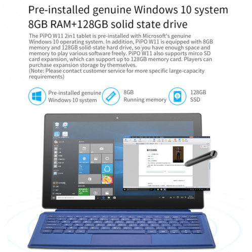 PiPO W11 Tablette PC 2 en 1, 11,6 pouces, 8 Go + 128 Go + 128 Go SSD, Système Windows 10, Intel Gemini Lake N4100 Quad Core jusqu'à 2,4 GHz, avec clavier et stylet, prise en charge WiFi double bande et Bluetooth et SP0394291-015