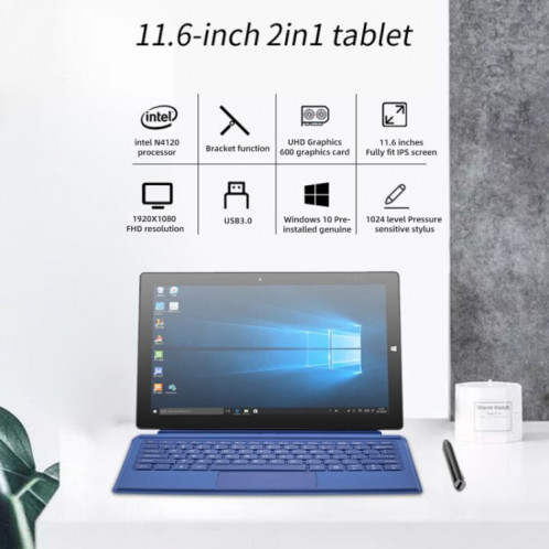 PiPO W11 Tablette PC 2 en 1, 11,6 pouces, 8 Go + 128 Go + 128 Go SSD, Système Windows 10, Intel Gemini Lake N4100 Quad Core jusqu'à 2,4 GHz, avec clavier et stylet, prise en charge WiFi double bande et Bluetooth et SP0394291-015