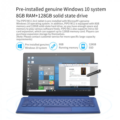 Pipo W11 2 sur 1 Tablet PC, 11,6 pouces, 8 Go + 128 Go, Système Windows 10, Intel Gemini Lake N4120 Quad noyau jusqu'à 2,6 GHz, avec stylet stylé non inclus clavier, support double bande WIFI & Bluetooth & Micro SD SP0493560-014