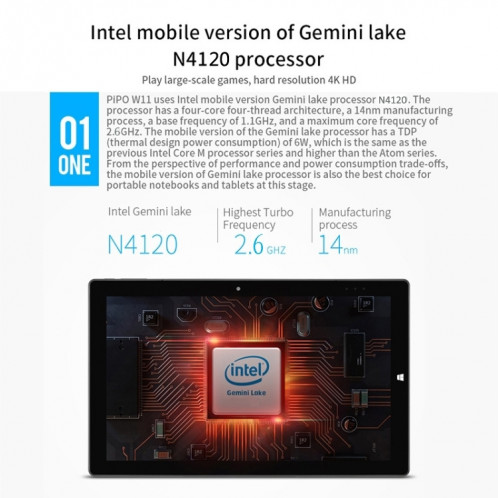 Pipo W11 2 sur 1 Tablet PC, 11,6 pouces, 8 Go + 128 Go, Système Windows 10, Intel Gemini Lake N4120 Quad noyau jusqu'à 2,6 GHz, avec stylet stylé non inclus clavier, support double bande WIFI & Bluetooth & Micro SD SP0493560-014