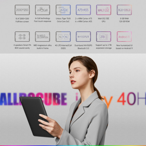 ALLDOCUBE IPLAY 40H T1020H 4G Tablette d'appel, 10,4 pouces, 8 Go + 128 Go, Android 10 Unisoc Tiger T618 OCTA COE 2.0GHZ, support GPS & Bluetooth et Dual Band WIFI & DUAL SIM (Noir) SA553B4-011