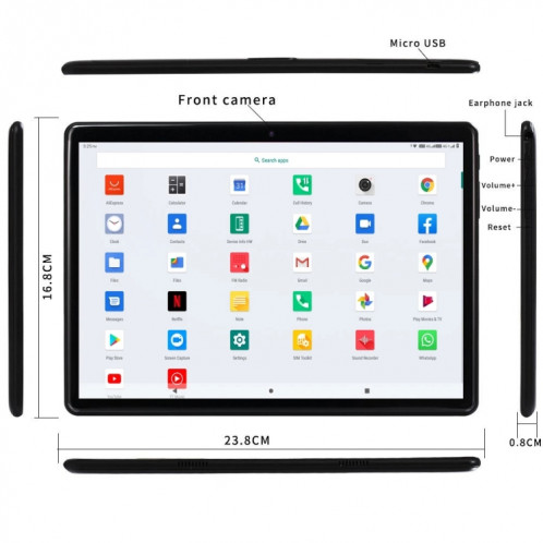 BDF S10 3G Tablet Tablet PC, 10,1 pouces, 2GB + 32GB, Android 9.0, MTK8321 OCTA CORE CORTEX-A7, Support Dual Sim & Bluetooth & Wifi & GPS, Plug UE (Noir) SB572B841-013