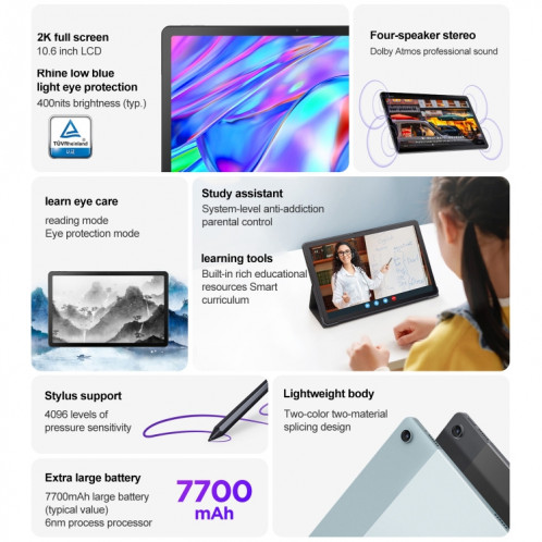 Pad Lenovo 10,6 pouces 2022 Tablette WiFi, 6 Go + 128 Go, Identification du visage, Android 12, Qualcomm Snapdragon 680 Octa Core, support WiFi et Bluetooth à double bande (Lake Blue) SL40LB433-07
