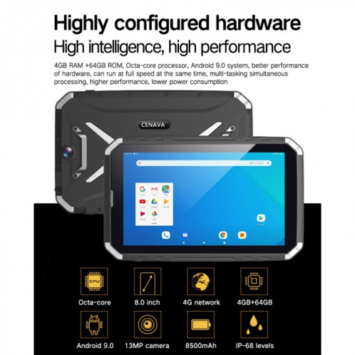 Tablette PC CENAVA-Q802 à triple épreuve, 8,0 pouces, 4 Go + 64 Go, prise en charge de Google Play, Appel téléphonique 4G, IP68 étanche antichoc anti-poussière, Android 7.0, MTK6753 Octa Core 1,5 GHz, prise en SC752B1290-016