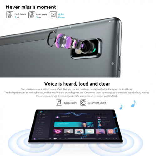  Bmax maxpad i10 Plus, 10,1 pouces, 4 Go + 128 Go, Android 10 OS UNISOC T618 Octa Core 2.0 GHz, support Face Unlock / Dual Sim / TF Card, réseau: 4G, plug (Space Gray) SB67EU798-07