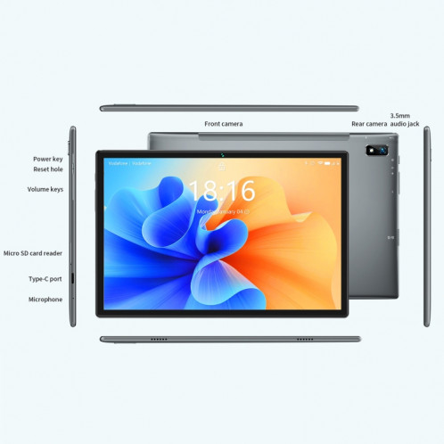  Bmax maxpad i10 Plus, 10,1 pouces, 4 Go + 128 Go, Android 10 OS UNISOC T618 Octa Core 2.0 GHz, support Face Unlock / Dual Sim / TF Card, réseau: 4G, plug (Space Gray) SB67EU798-07