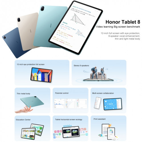 Honor Pad 8 HEY-W09 Wi-Fi, 12 pouces, 6 Go + 128 Go, Magic UI 6.1 (Android S) Qualcomm Snapdragon 680 Octa Core, 8 haut-parleurs, ne prend pas en charge Google (bleu) SH778L1464-07