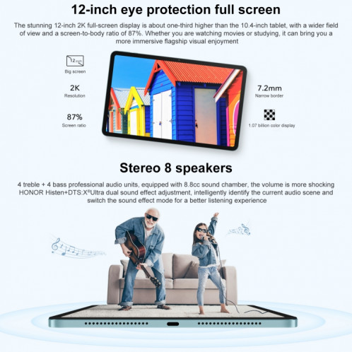 Honor Pad 8 HEY-W09 Wi-Fi, 12 pouces, 6 Go + 128 Go, Magic UI 6.1 (Android S) Qualcomm Snapdragon 680 Octa Core, 8 haut-parleurs, ne prend pas en charge Google (or) SH778J1697-07