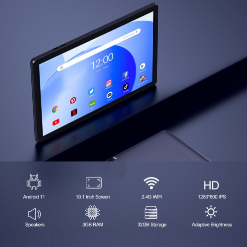 Tablette PC Viaztech V30, 10,1 pouces, 3 Go + 32 Go, Processeur quadricœur Android 11 RK3566, prise en charge WiFi/Bluetooth 2.4G, version globale avec Google Play, prise US (gris foncé) SH90DG1728-07